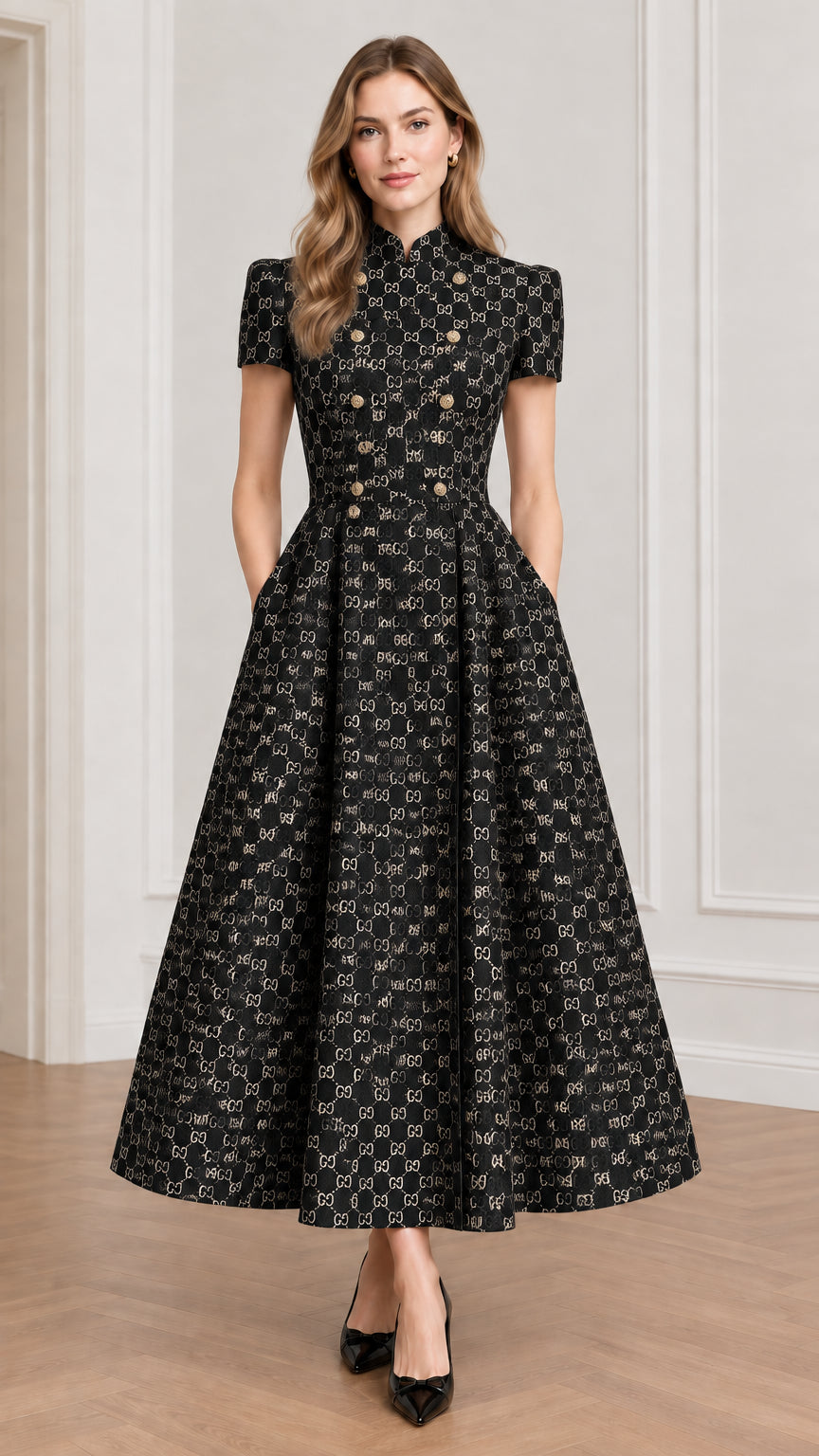 Model wearing black geometric jacquard stand collar midi dress with flared pleated skirt