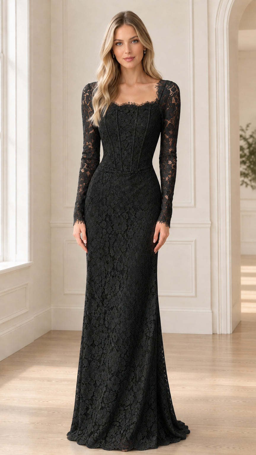 Front view of black long sleeve lace corset formal evening dress
