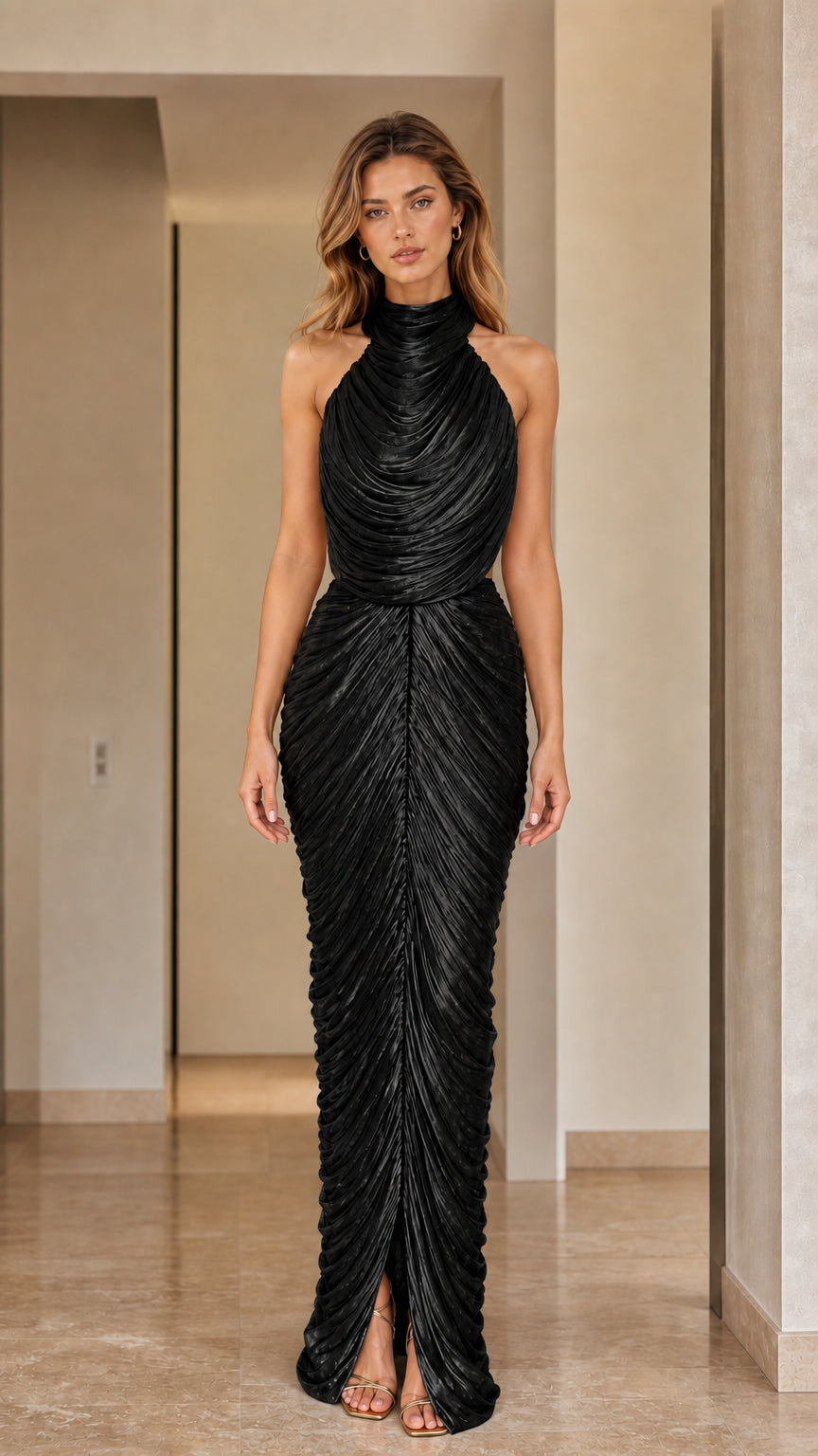 Front view of high neck pleated shimmer maxi dress in classic black