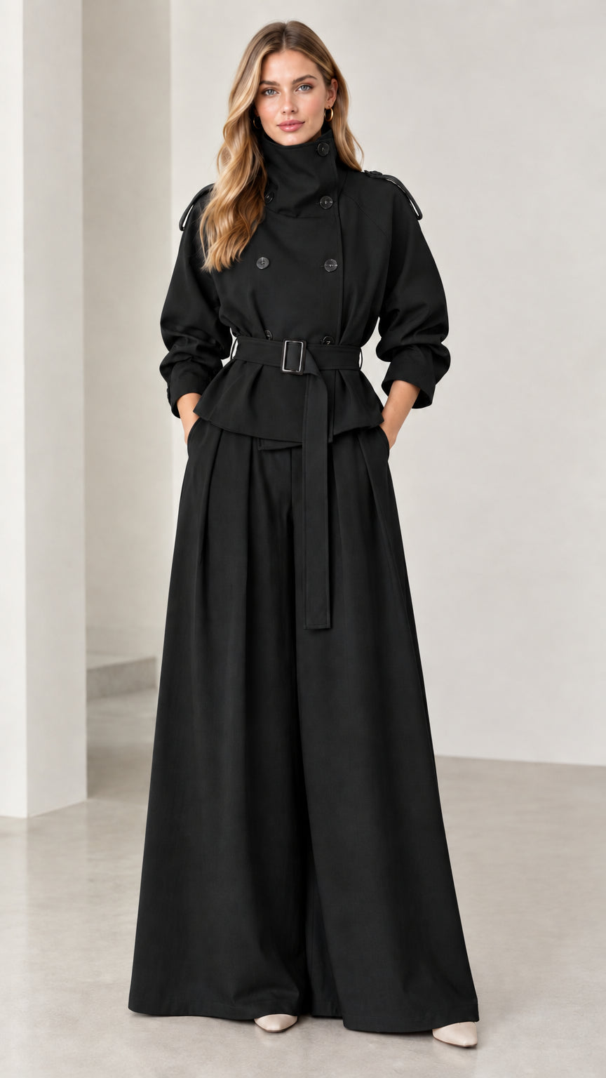 Full-length view of black double-breasted trench jacket and palazzo pants set