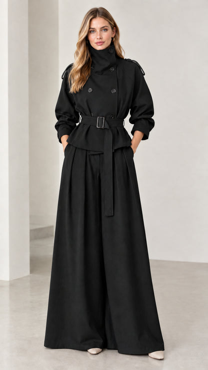 Full-length view of black double-breasted trench jacket and palazzo pants set