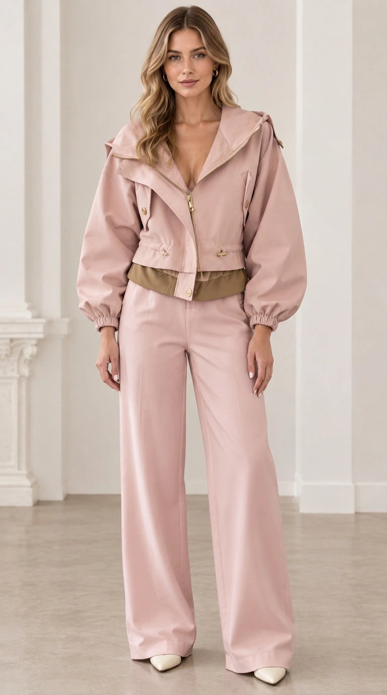 Front view of woman wearing dusty pink cropped hooded utility jacket with pink trousers