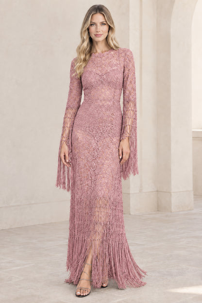 Model wearing dusty pink floral lace fringe maxi evening gown