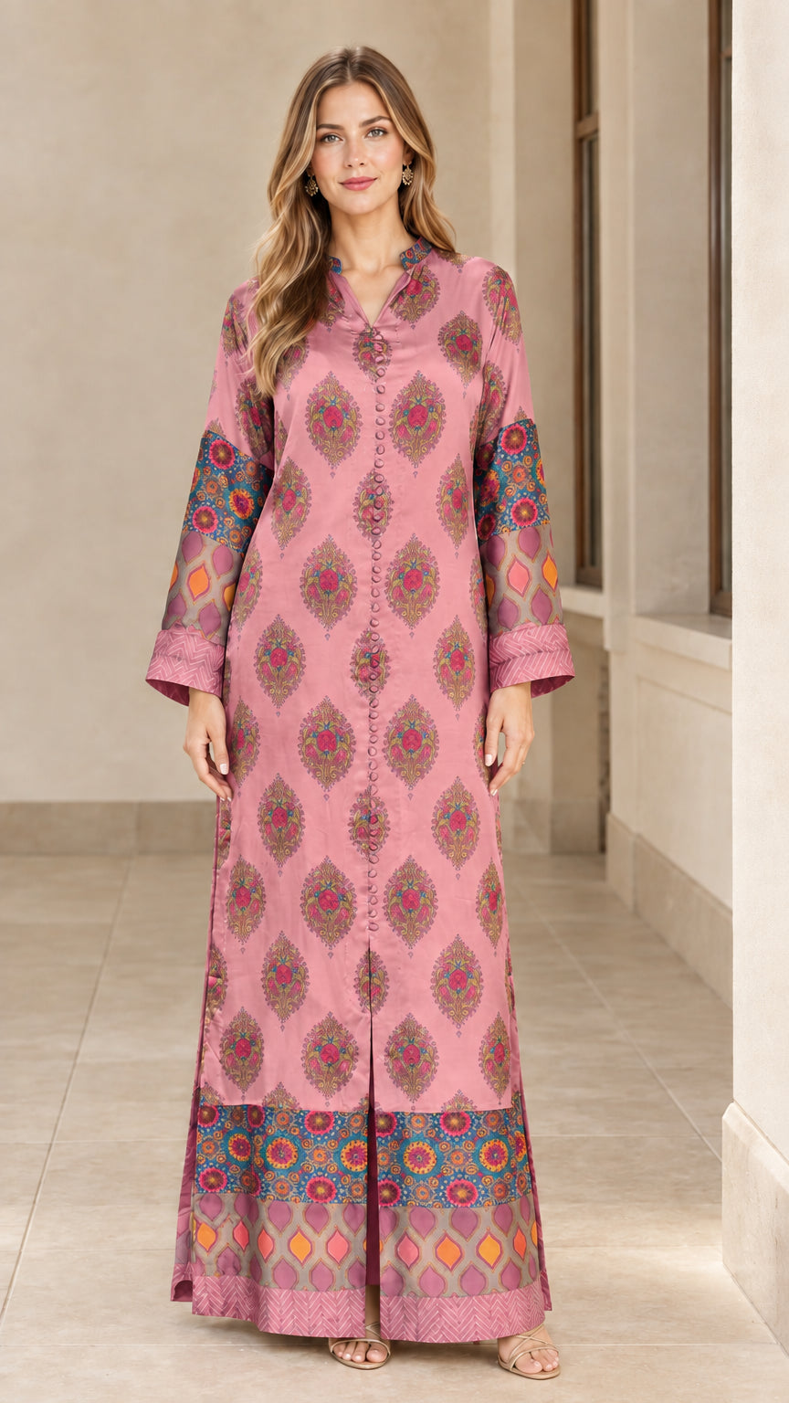 Front view of model wearing Dusty Rose pink bohemian print satin maxi dress