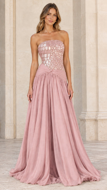 Front view of strapless embellished evening dress in Dusty Rose