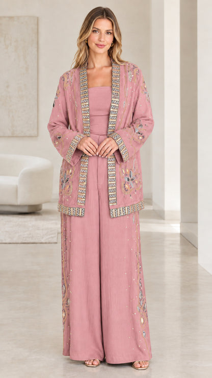 Front full-length view of dusty rose pink embroidered formal pant suit set