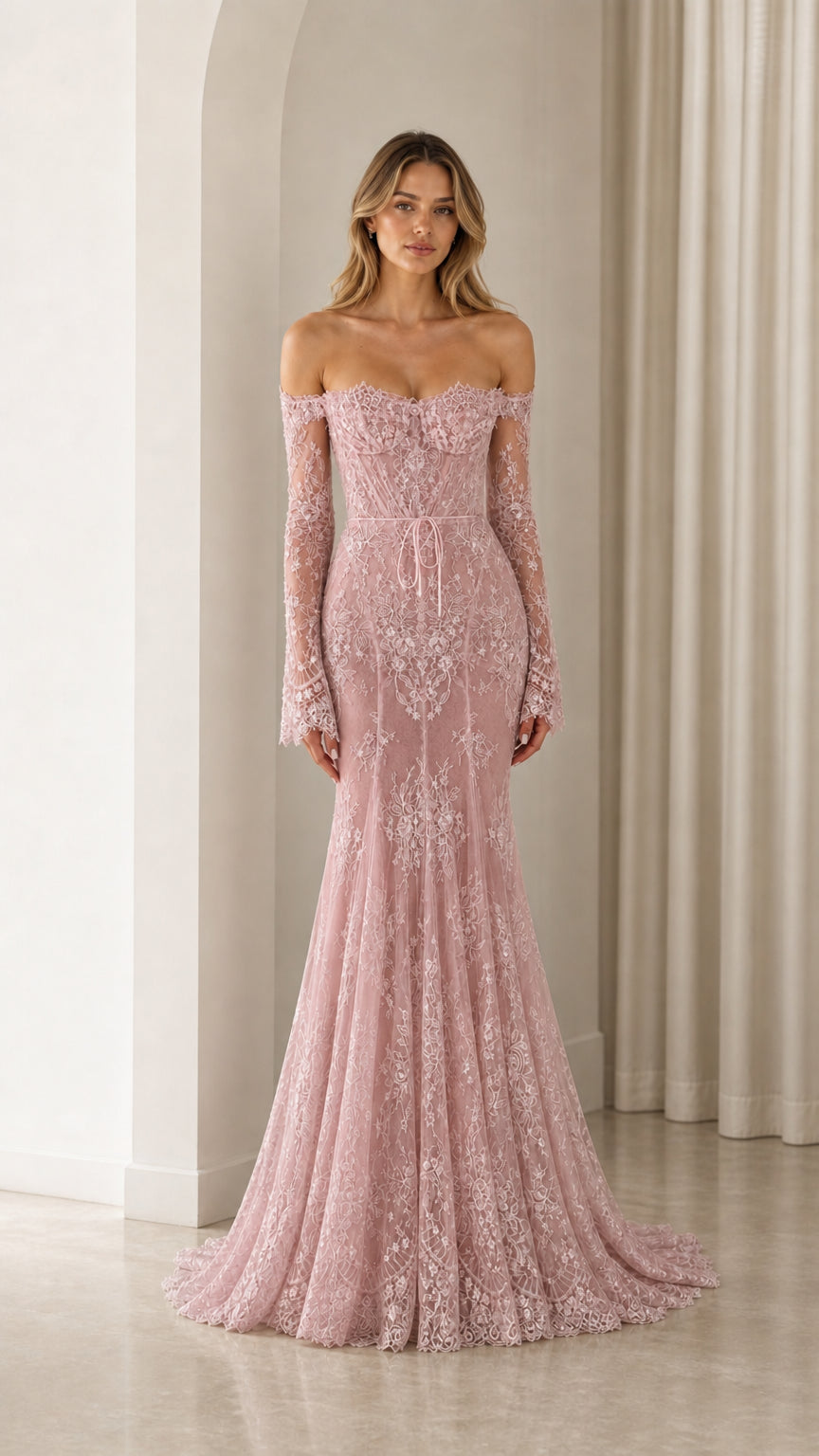 Full-length view of Blush Pink off-the-shoulder embroidered lace formal gown