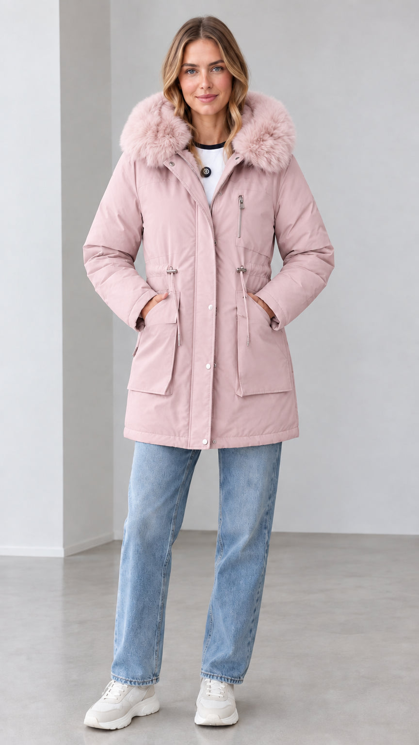 Front view of women's dusty pink mid-length hooded winter parka