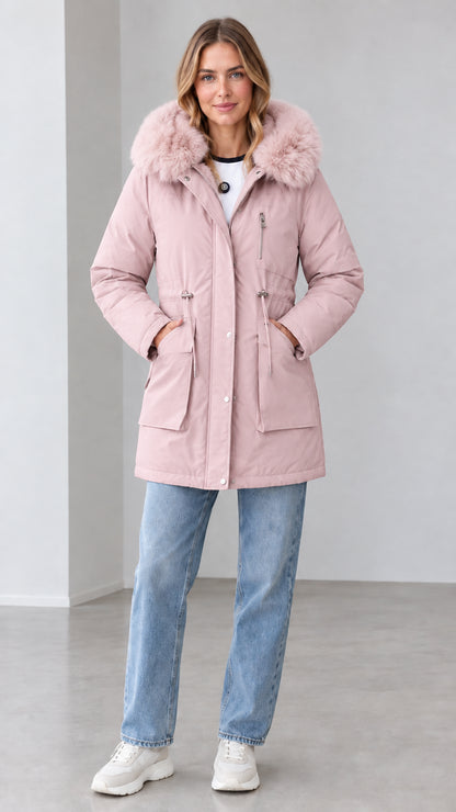 Front view of women's dusty pink mid-length hooded winter parka