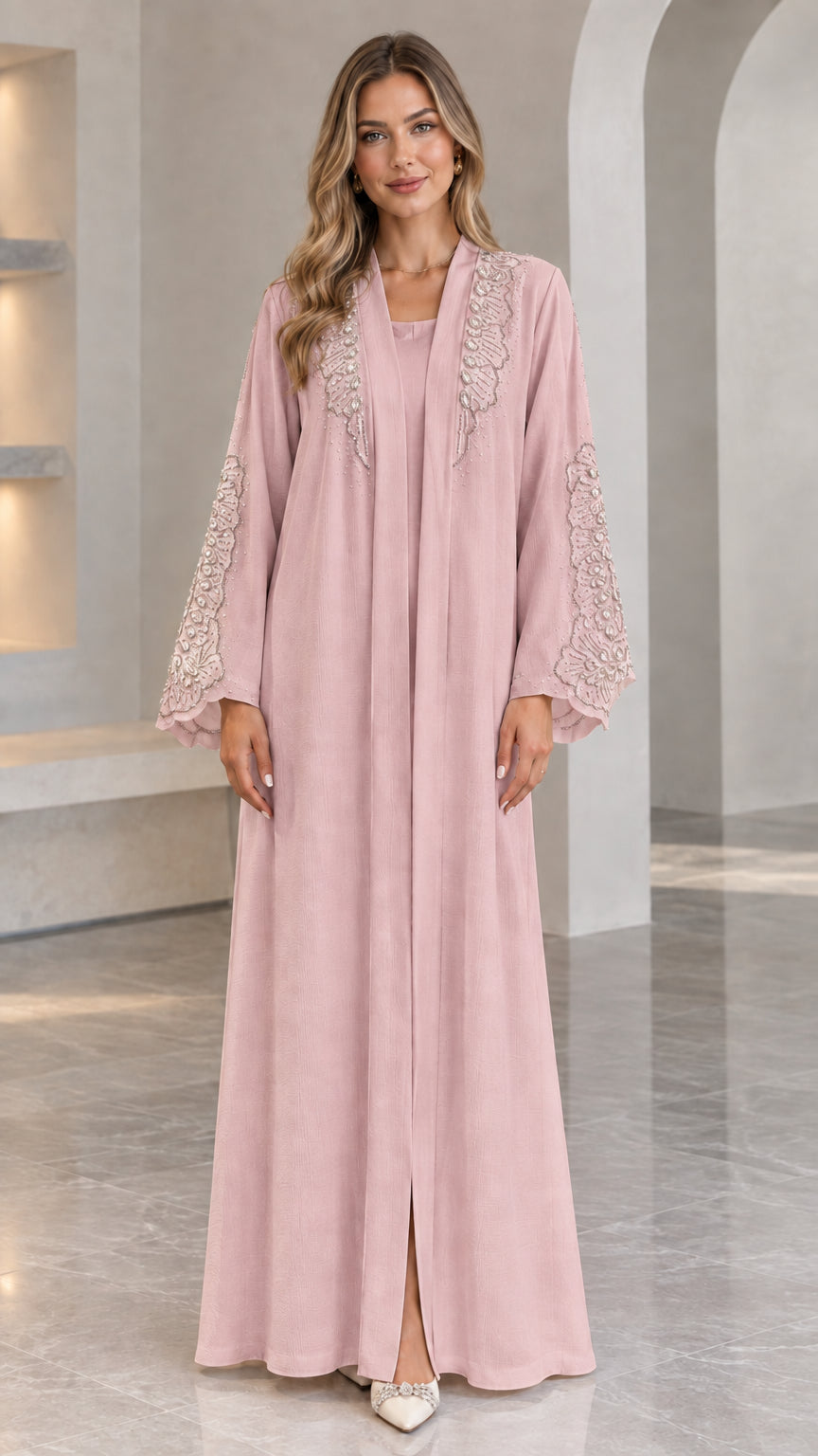 Front full view of Dusty Pink embroidered abaya maxi dress