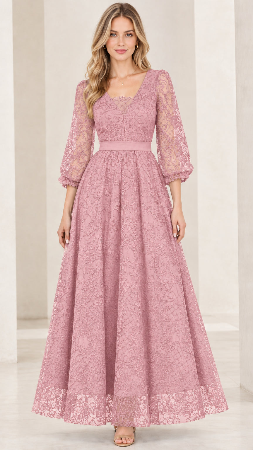 Dusty rose floral lace 3/4 sleeve formal gown