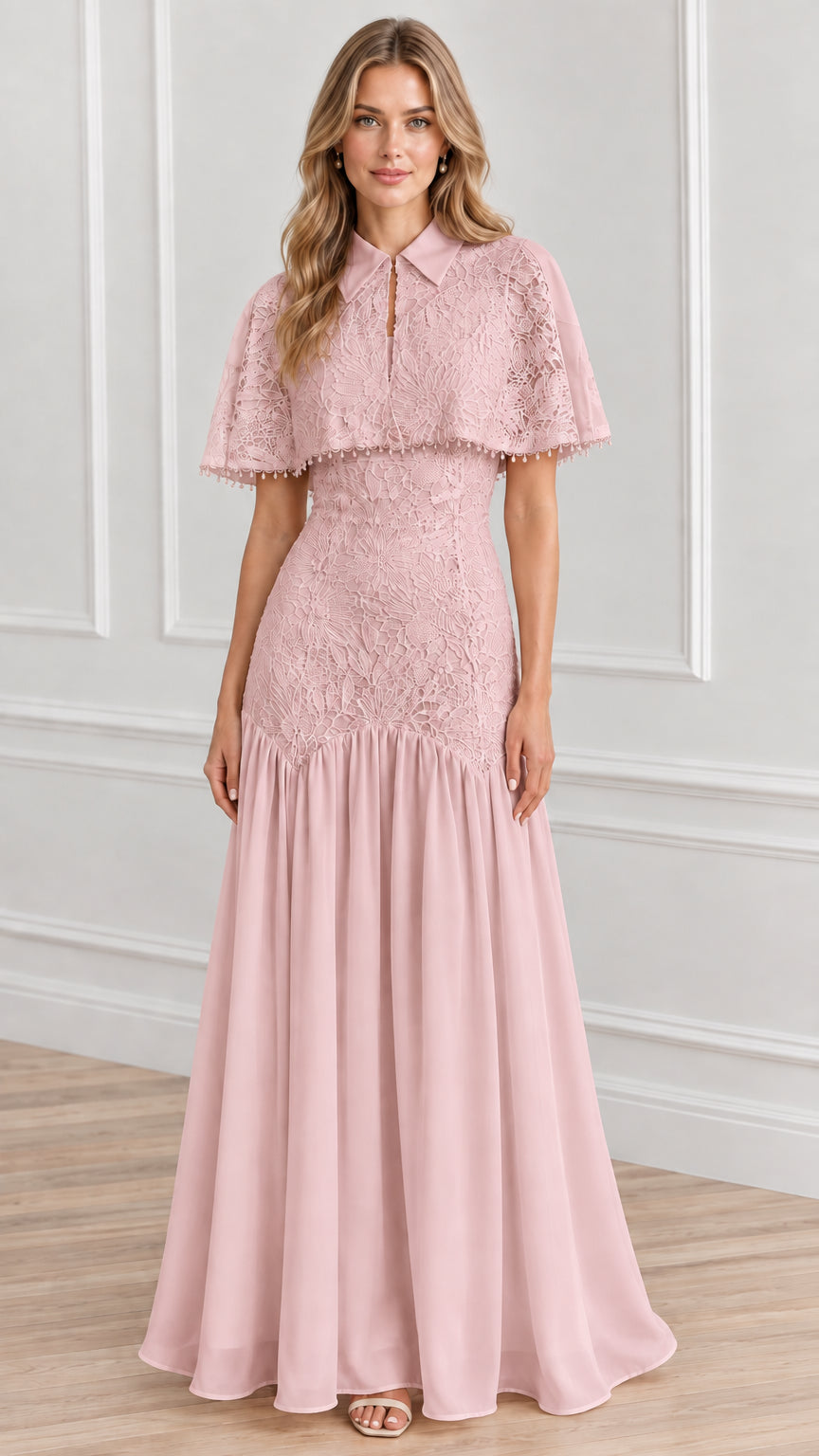 Front view of blush pink lace capelet evening maxi dress