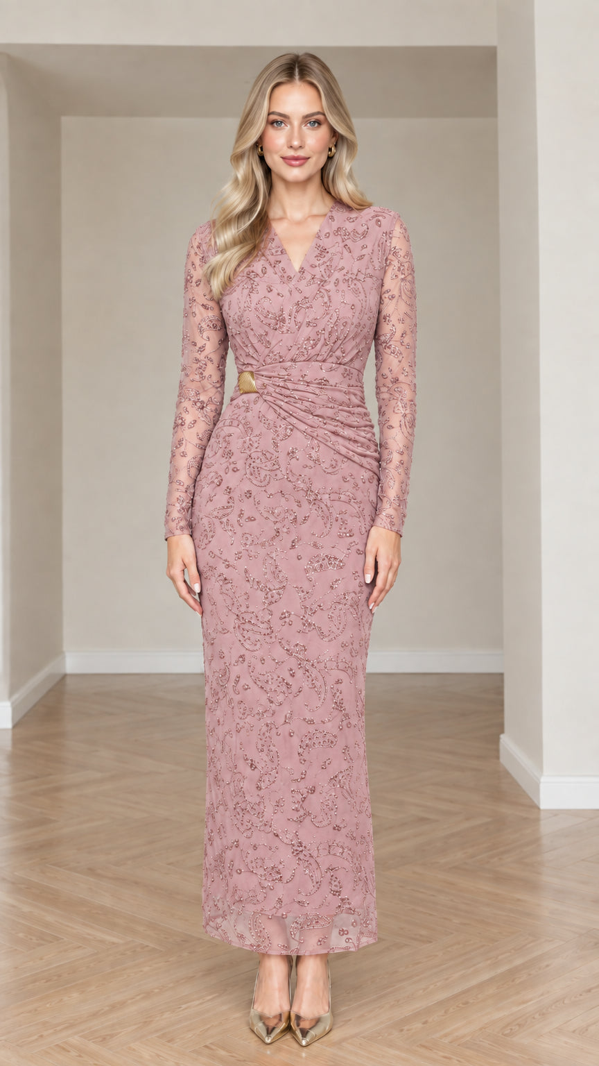 Front view of dusty rose long sleeve embroidered lace evening gown