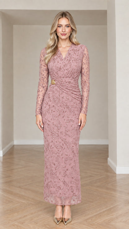 Front view of dusty rose long sleeve embroidered lace evening gown