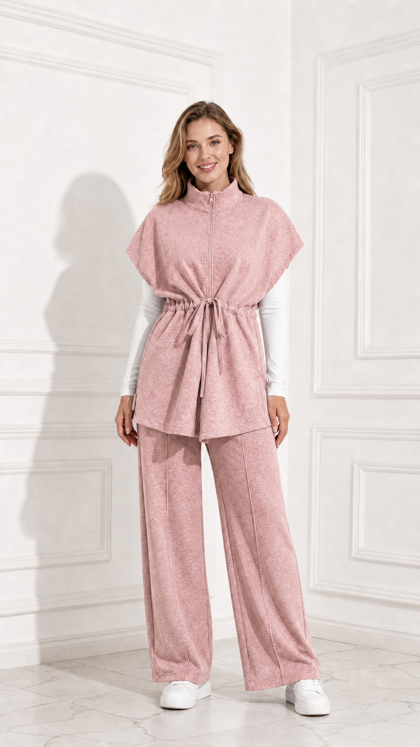 Front full view of women's dusty pink 2-piece drawstring tunic and wide-leg lounge set