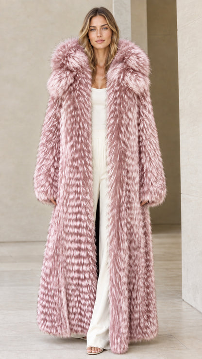 Front view of woman wearing dusty pink full-length hooded faux fur coat