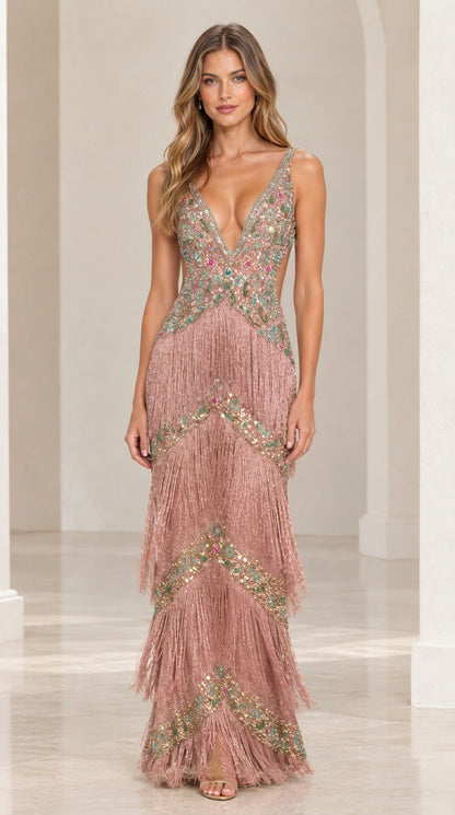 Model wearing mauve pink beaded tiered fringe formal maxi gown
