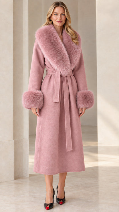Full front view of women's blush pink long wrap coat with plush shawl collar