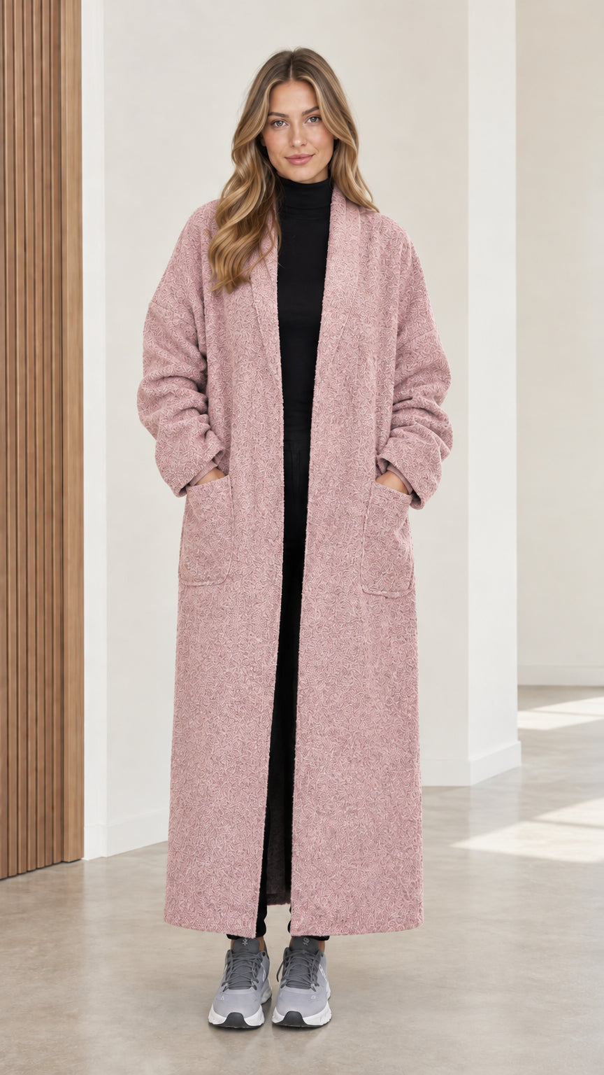 Full front view of women's dusty pink textured longline duster coat
