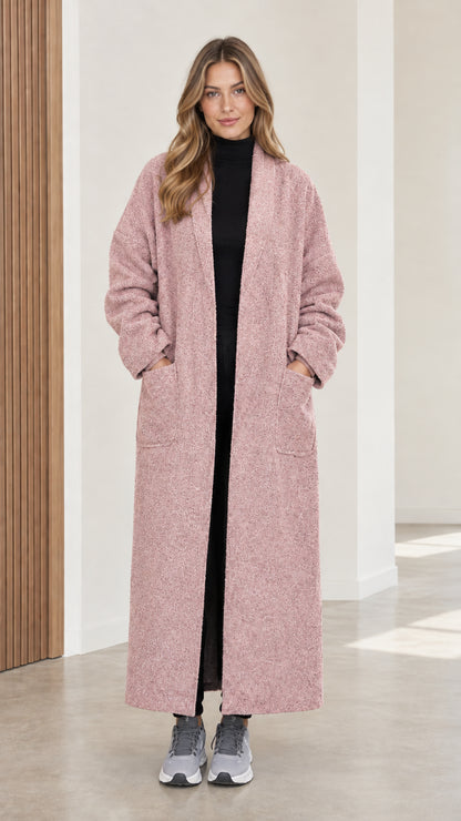 Full front view of women's dusty pink textured longline duster coat