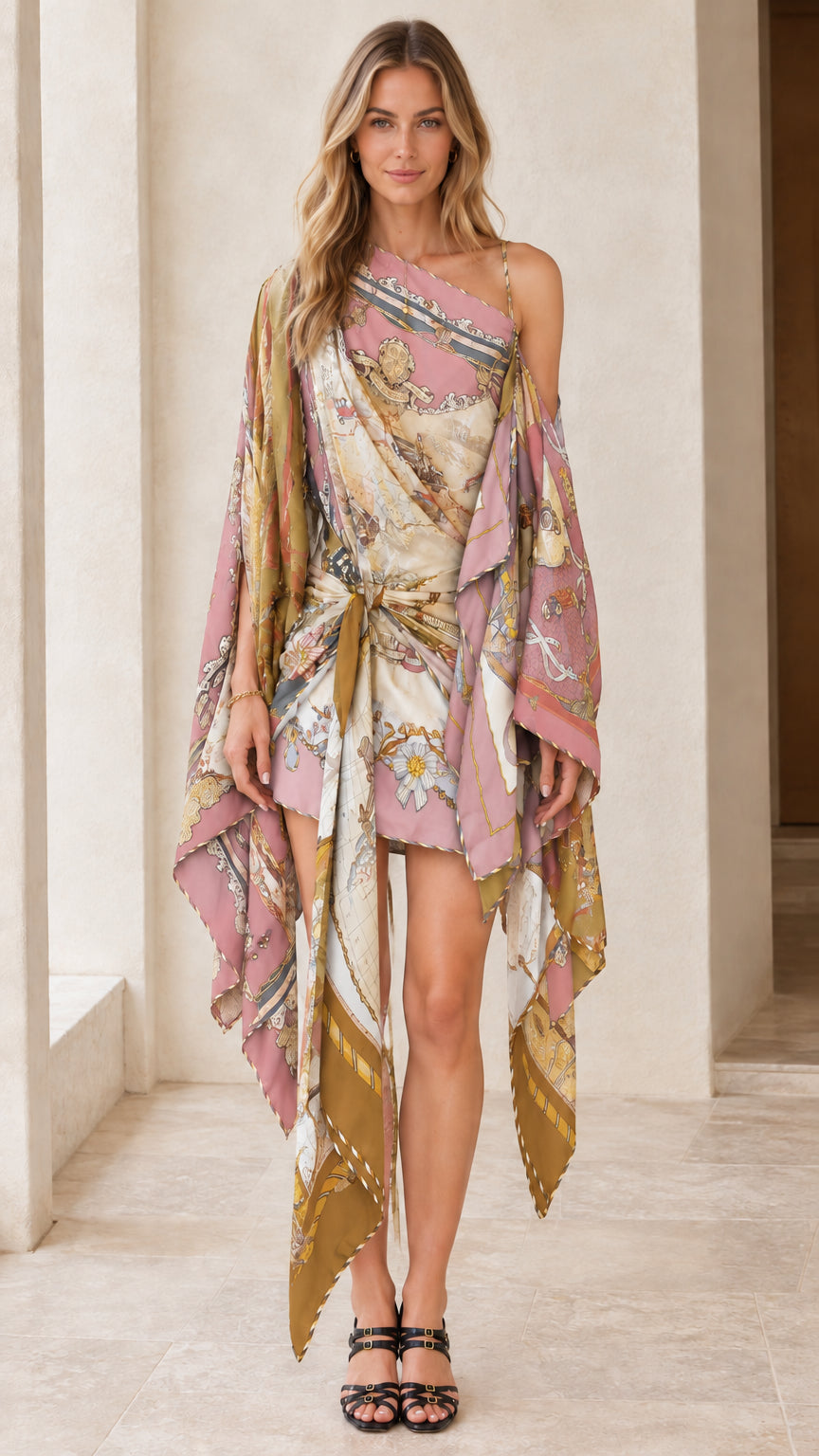 Front view of model wearing Pink Multi vintage scarf print cape mini dress