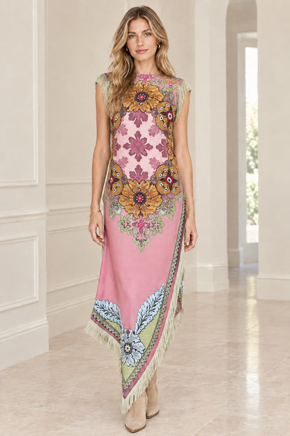 Front view of model wearing Pink medallion print sleeveless maxi dress with fringe trim