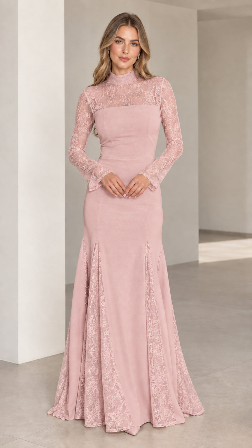 Front full-length view of dusty pink floral lace long sleeve mermaid dress
