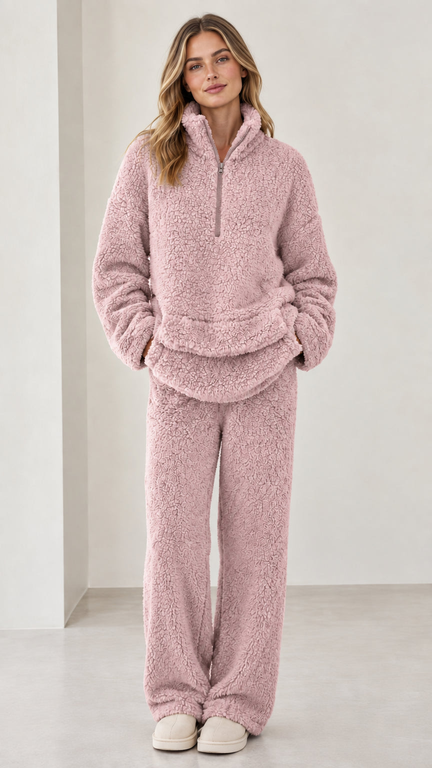 Model wearing dusty pink teddy fleece matching pullover and pant set