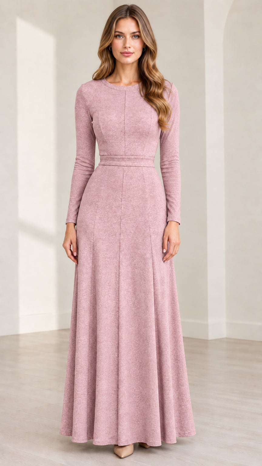 Front view of woman wearing Dusty Rose long sleeve crew neck maxi dress