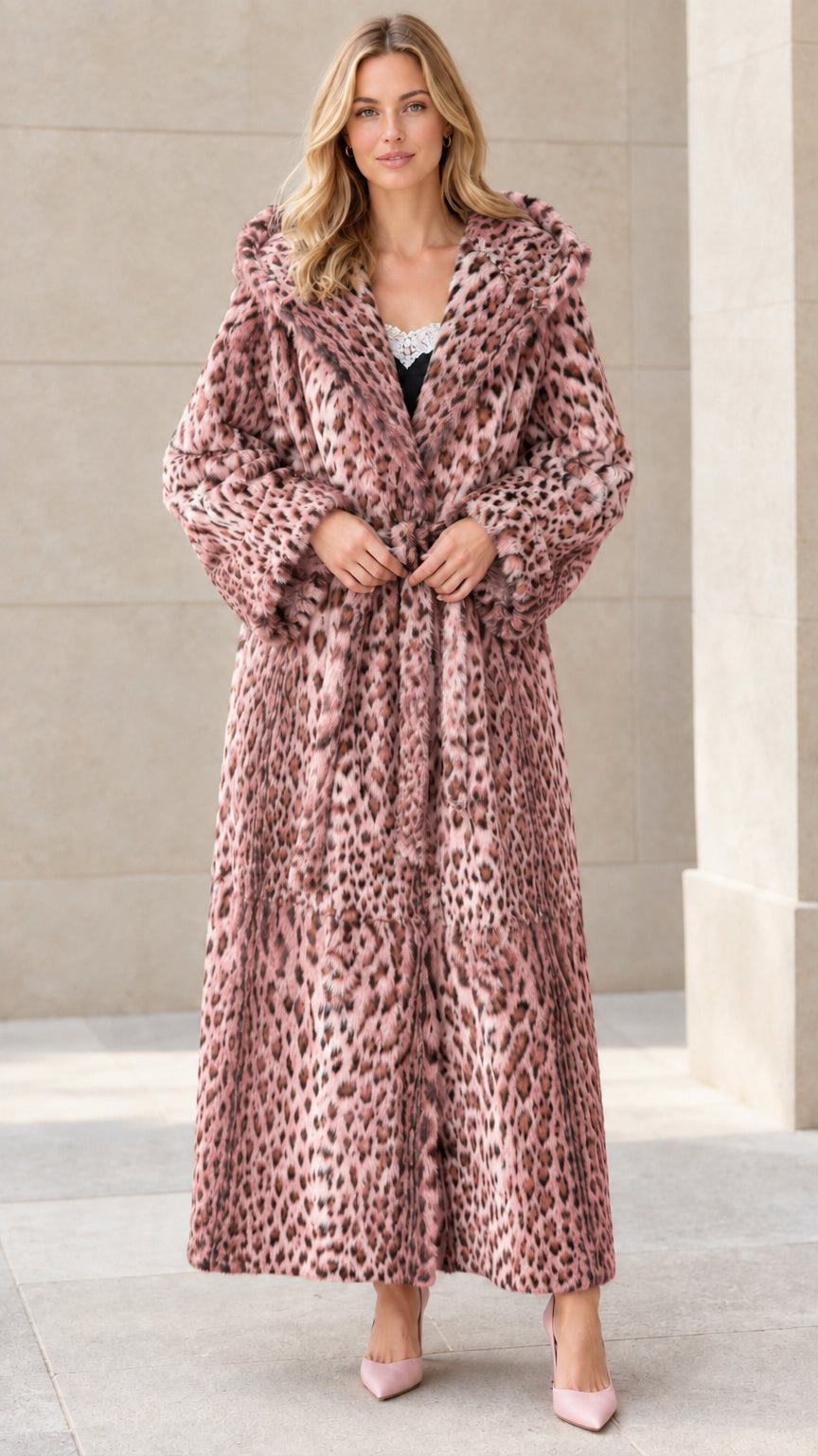Full-length view of model wearing dusty pink leopard print hooded faux fur maxi coat