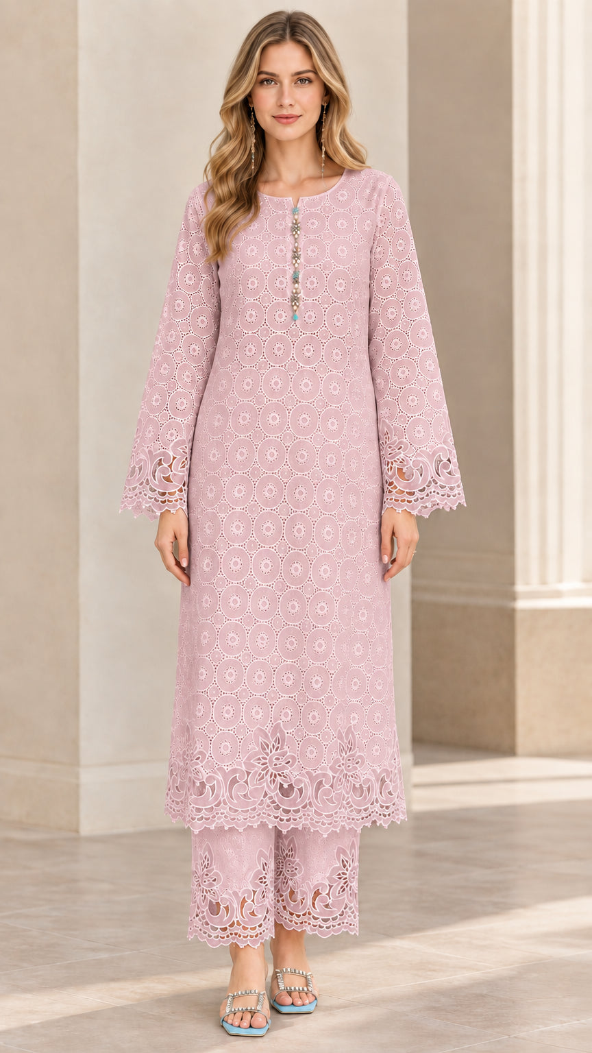 Front view of woman wearing blush pink eyelet lace tunic and coordinated wide-leg pants
