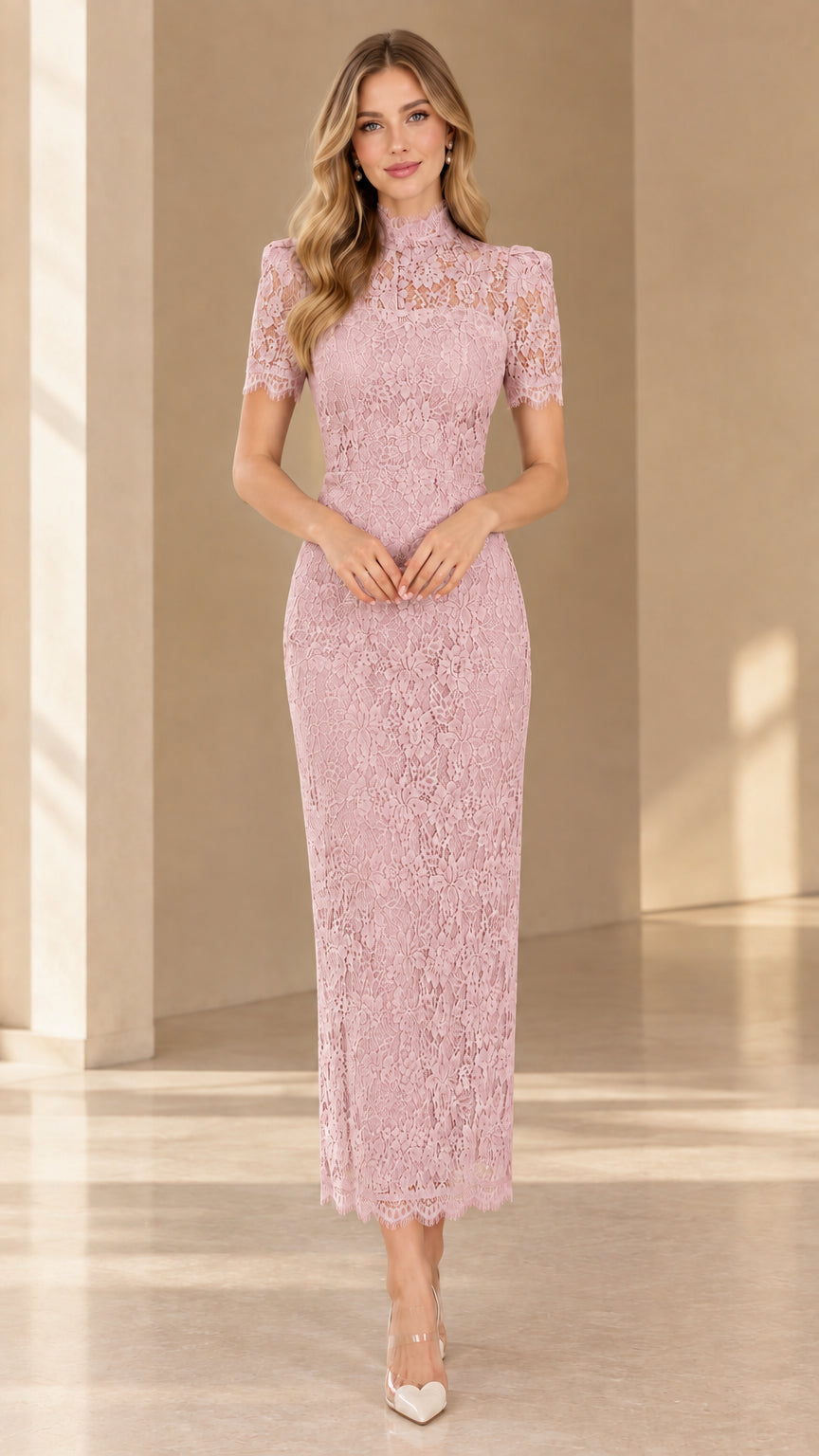 Front view of dusty pink lace maxi dress for wedding guests