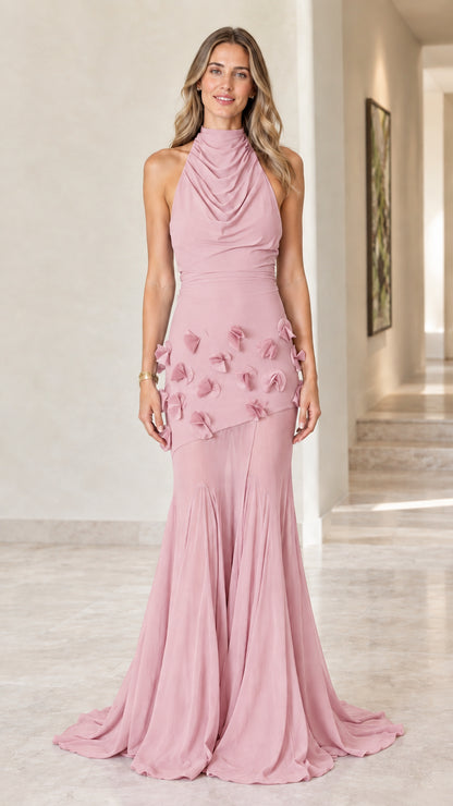Blush pink cowl halter neck formal evening dress with floral accents