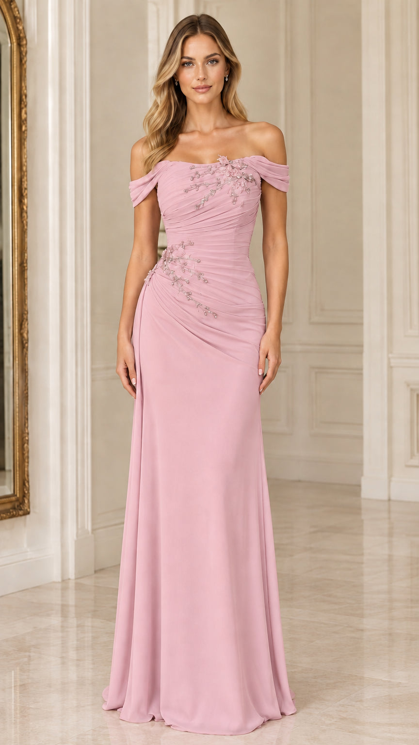Woman wearing a blush pink off-the-shoulder beaded ruched formal evening gown