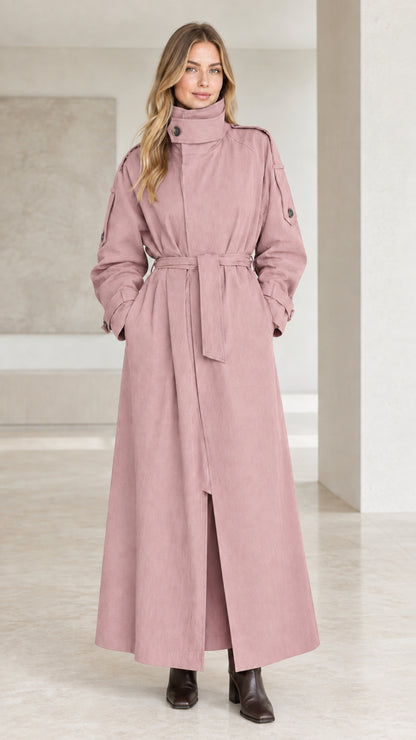 Front view of dusty pink maxi belted trench coat