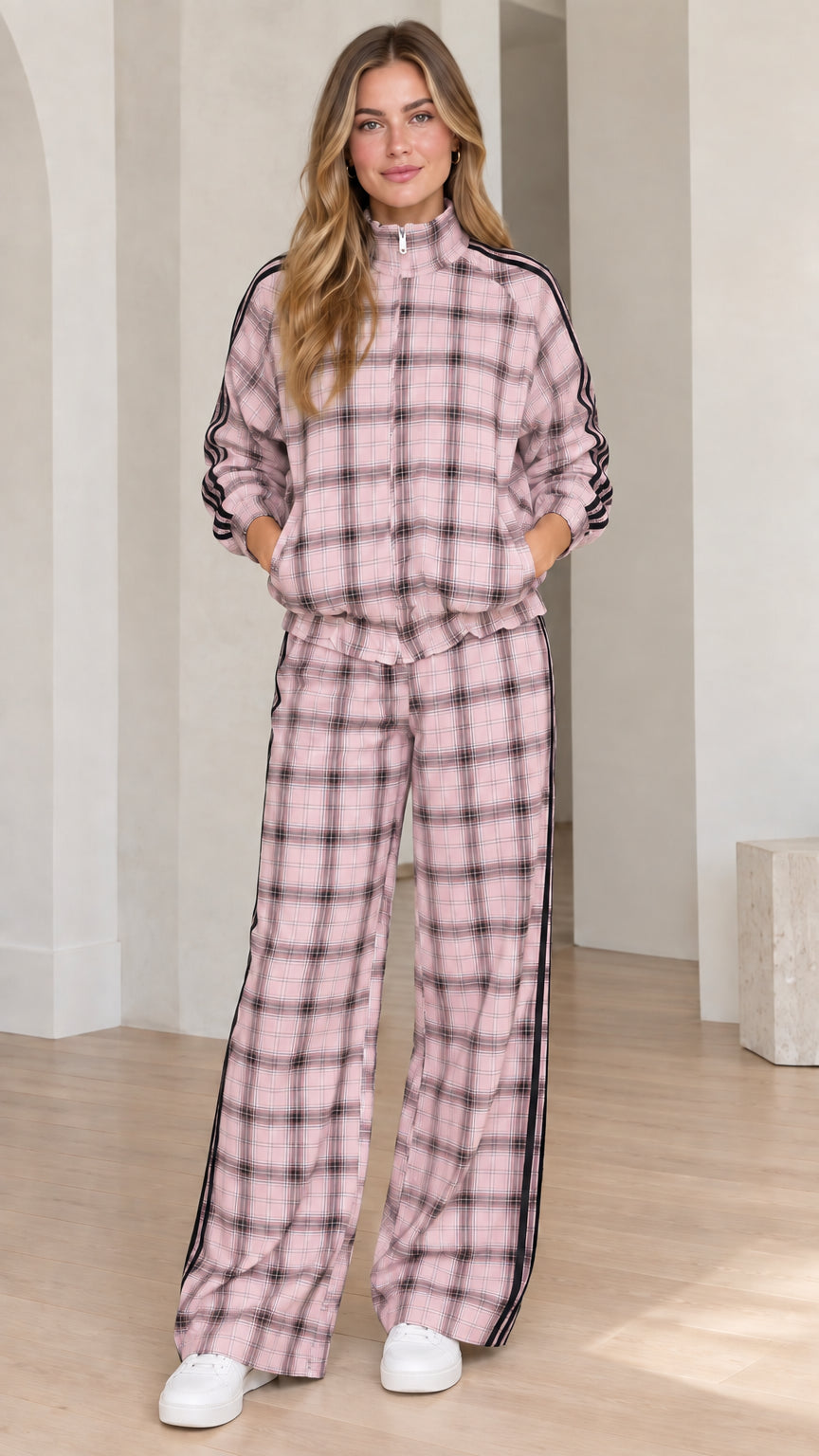 Women's dusty pink plaid zip-up track jacket and wide leg pants set