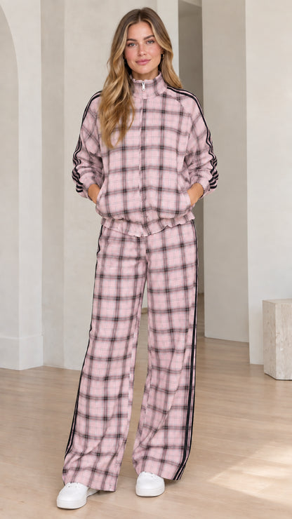 Women's dusty pink plaid zip-up track jacket and wide leg pants set