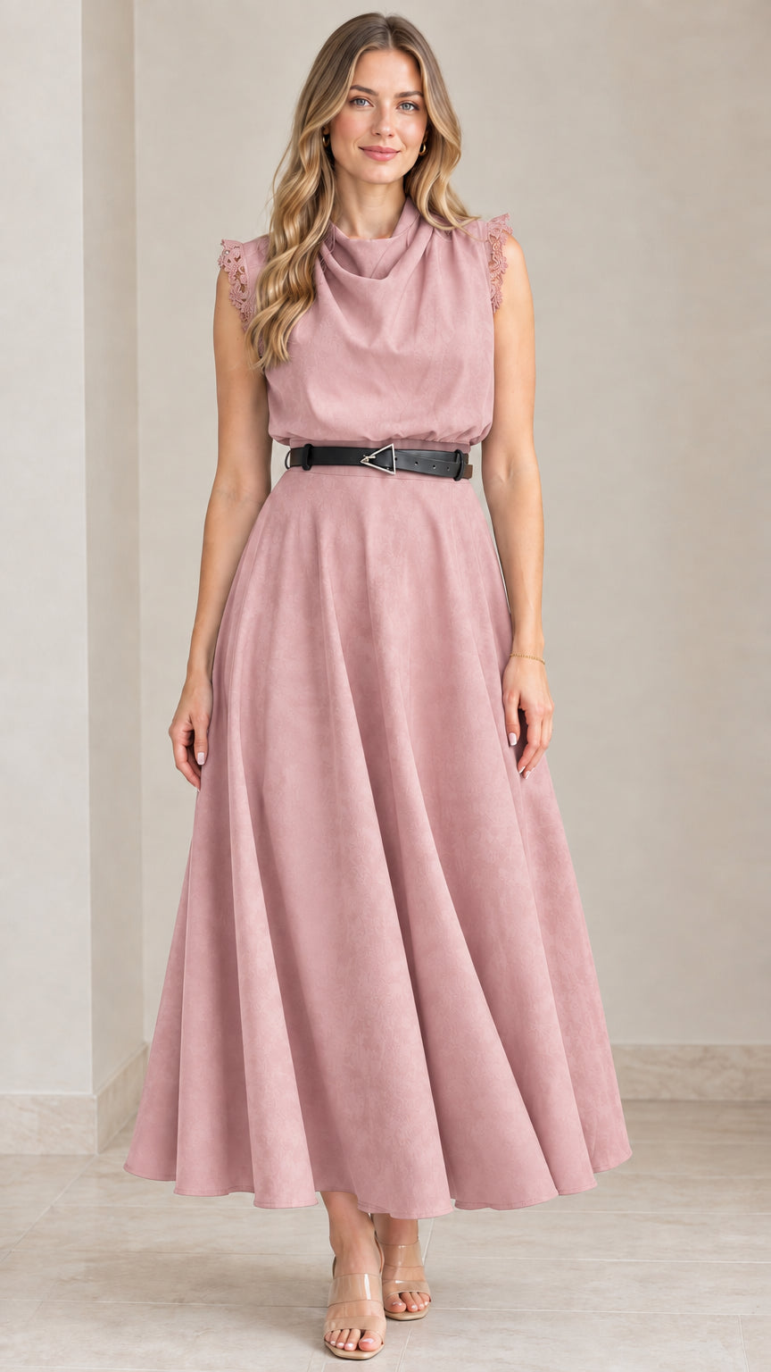 Front view of dusty pink sleeveless cowl neck midi dress