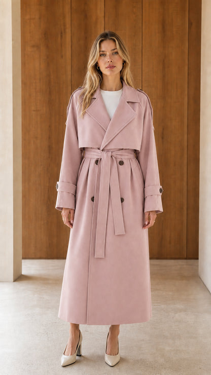 Model wearing dusty pink double-breasted belted maxi trench coat