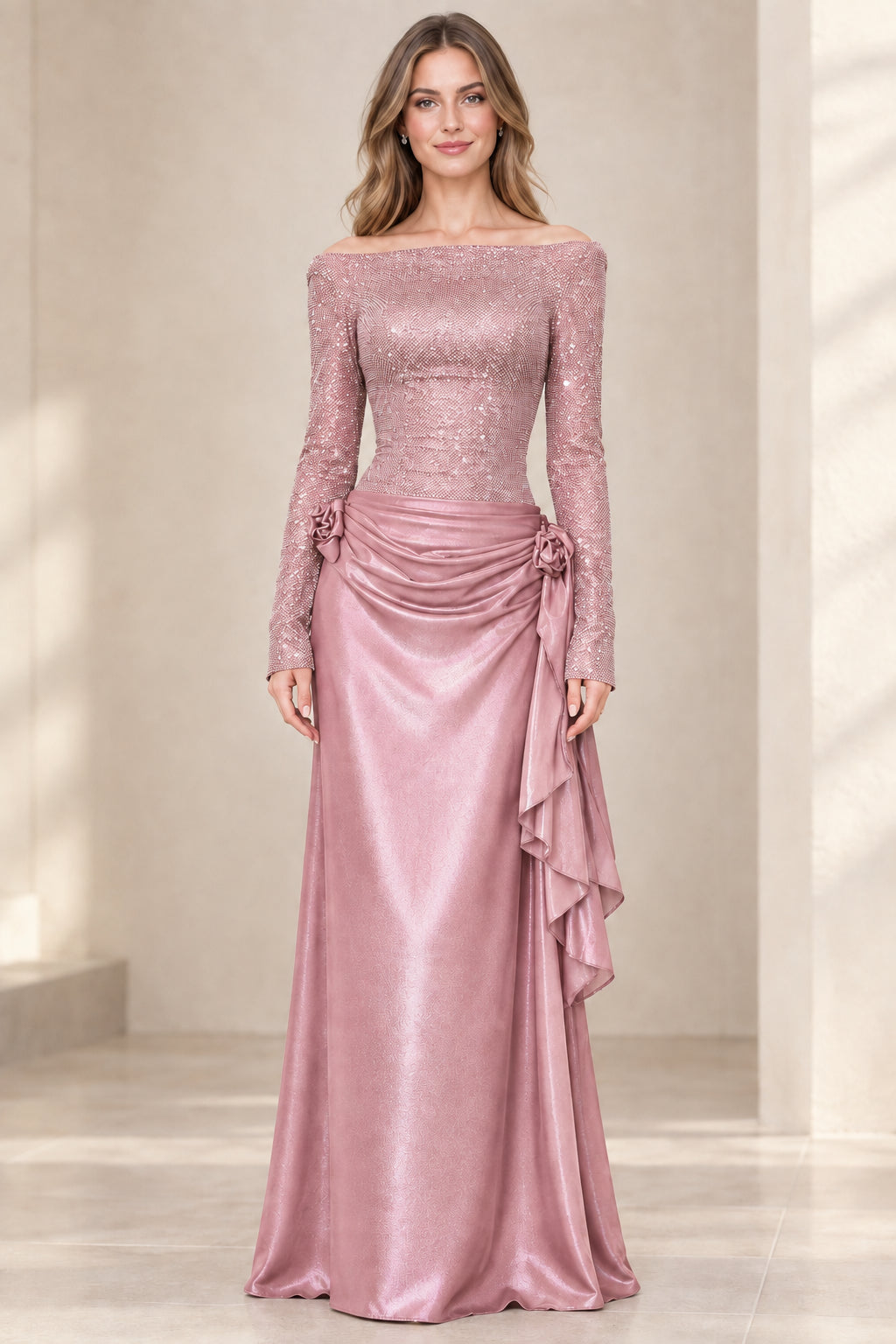 Model wearing Dusty Rose shimmer bodice satin formal gown