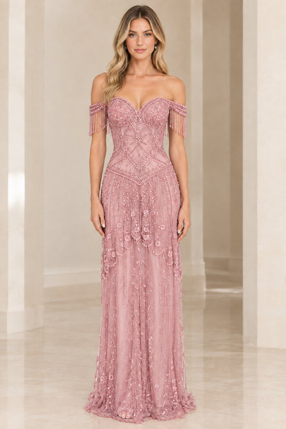 Blush Pink embellished sweetheart neckline formal maxi dress