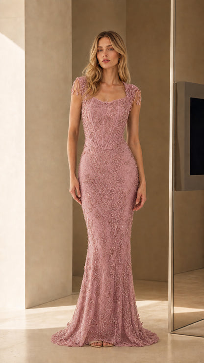 Model wearing Dusty Rose beaded evening gown