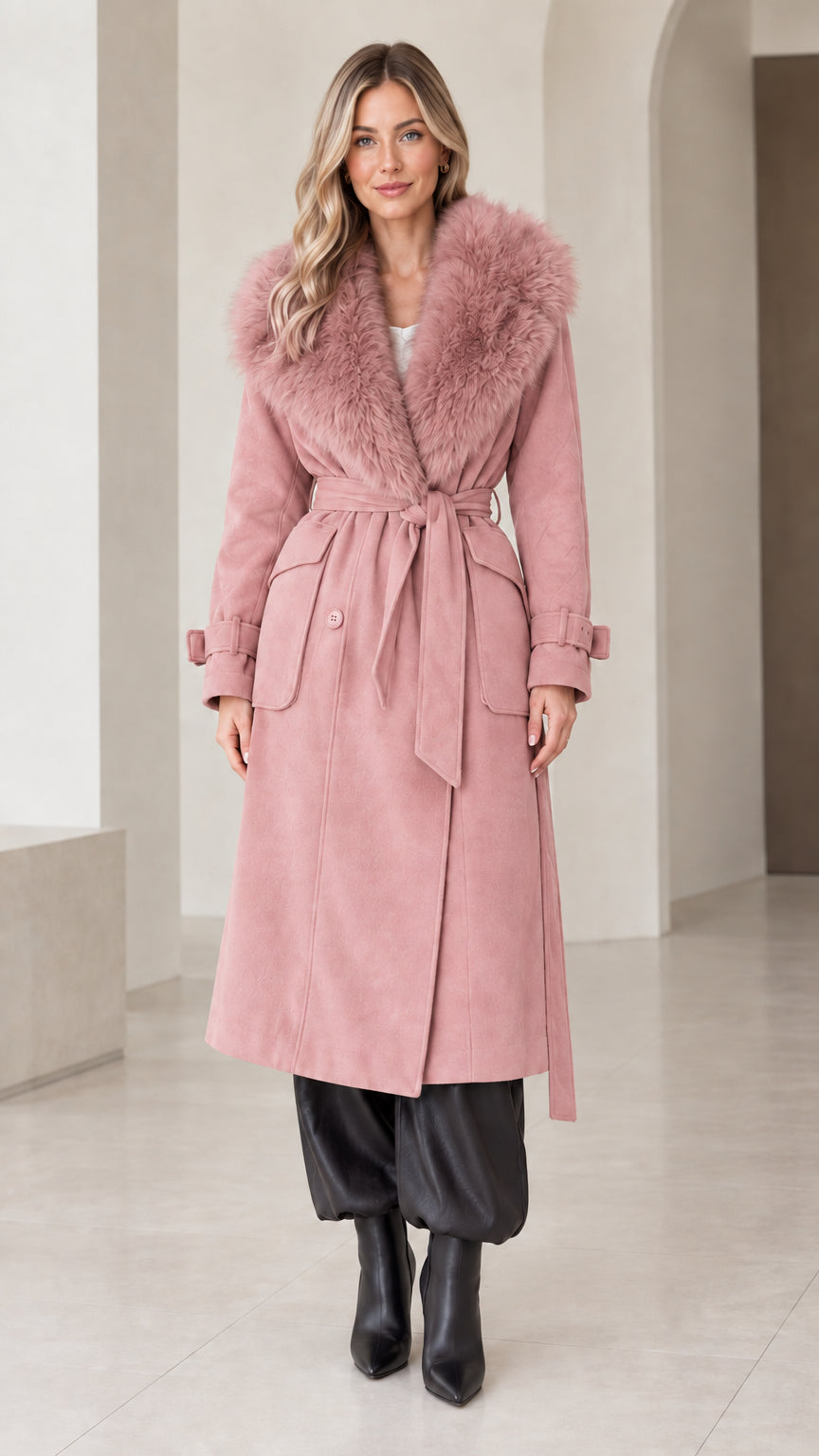 Front view of model wearing dusty pink belted long coat with plush faux fur collar
