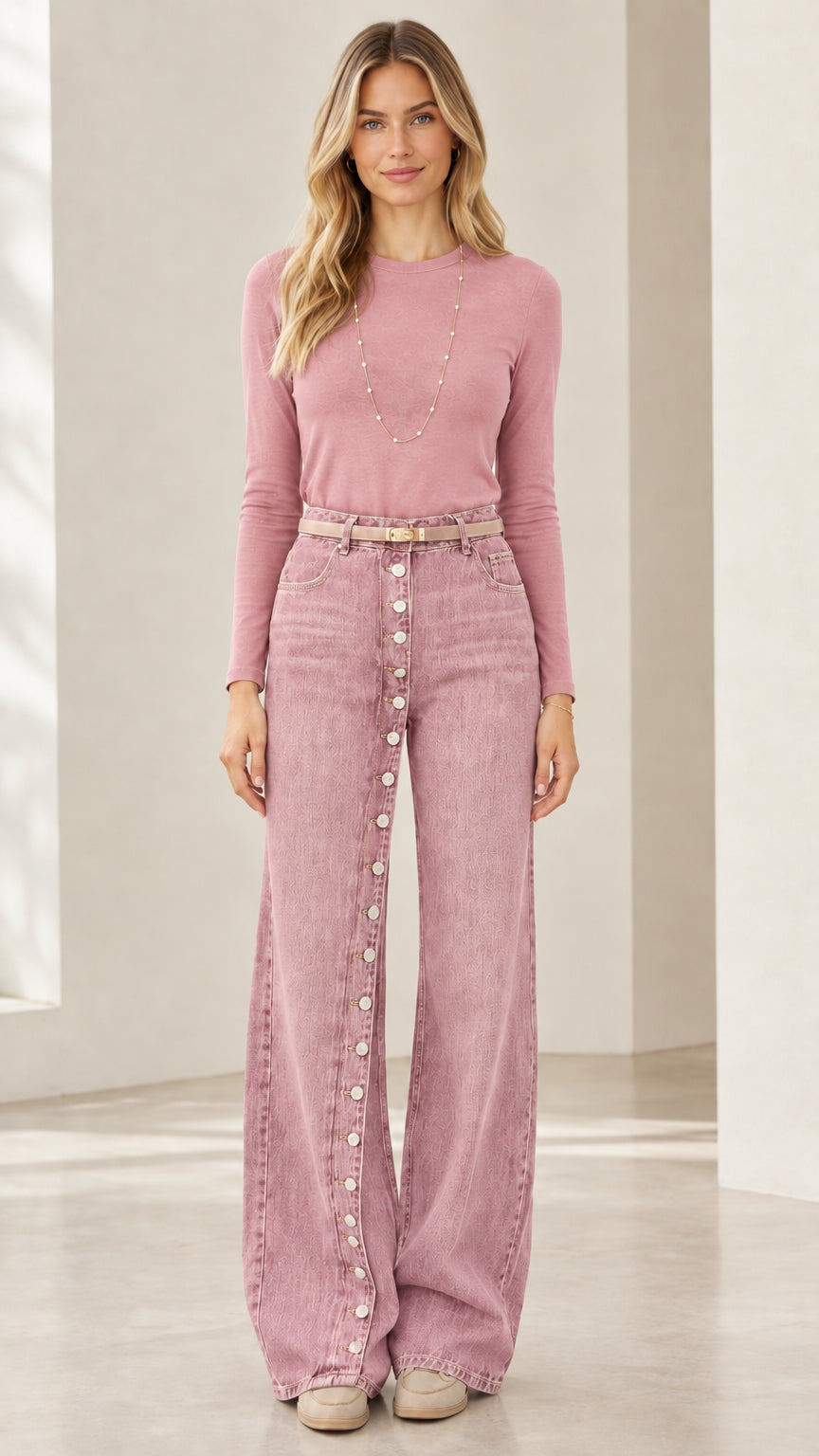 Front full view of model wearing Dusty Pink high rise button-front wide leg jeans