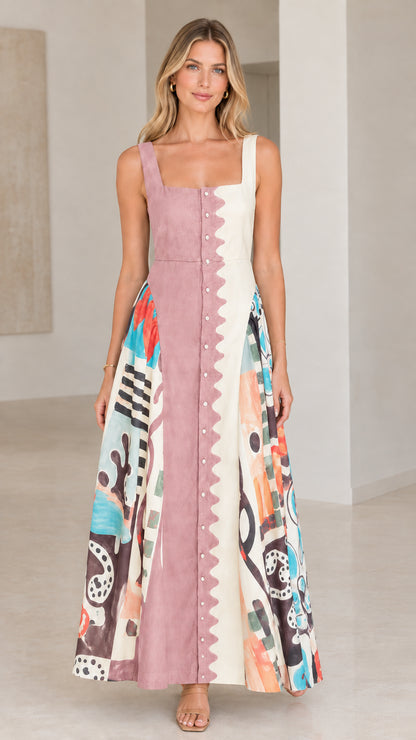 Full-length front view of dusty mauve and cream scalloped button-front maxi dress with abstract print