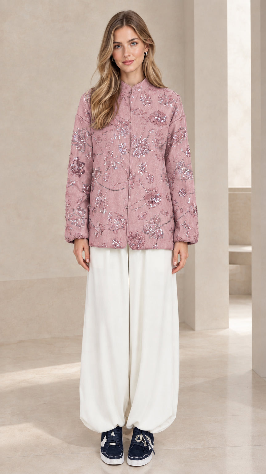 Full front view of dusty pink floral sequin embroidered jacket blouse