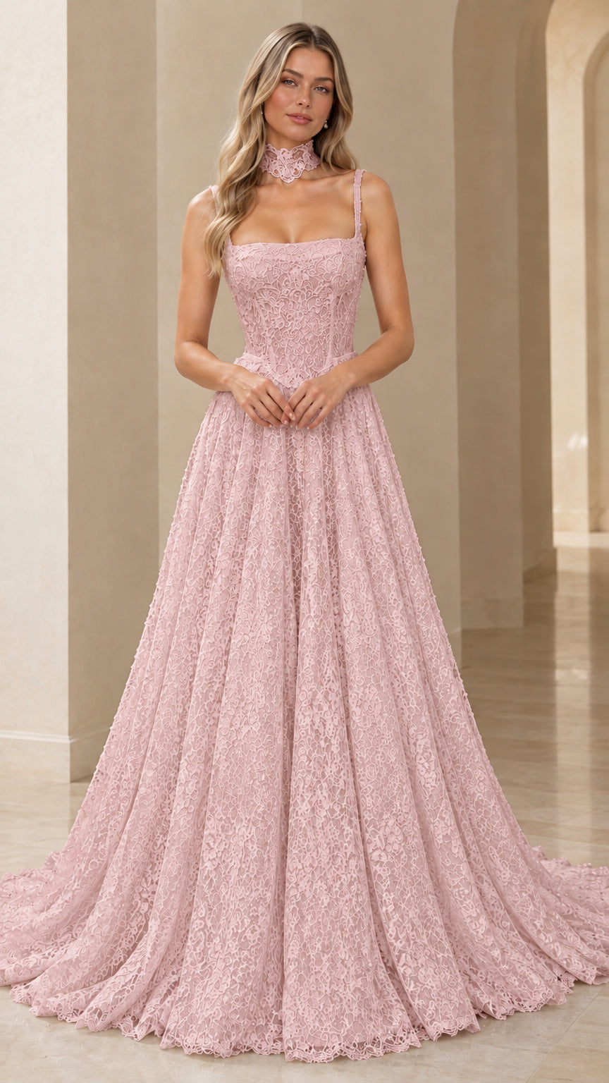 Front view of dusty pink floral lace formal ball gown