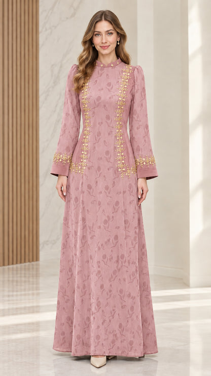 Dusty pink embroidered floral jacquard A-line maxi dress