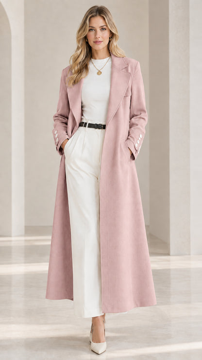 Full-length front view of model wearing the tailored maxi trench coat in dusty pink
