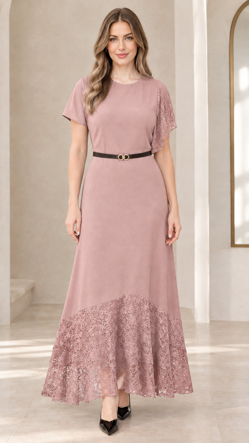Full front view of dusty rose lace patchwork belted maxi dress